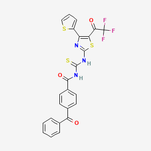 molecular formula C24H14F3N3O3S3 B2901493 4-benzoyl-N-((4-(thiophen-2-yl)-5-(2,2,2-trifluoroacetyl)thiazol-2-yl)carbamothioyl)benzamide CAS No. 391896-51-8