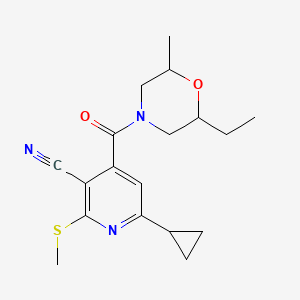 molecular formula C18H23N3O2S B2901495 6-Cyclopropyl-4-(2-ethyl-6-methylmorpholine-4-carbonyl)-2-(methylsulfanyl)pyridine-3-carbonitrile CAS No. 1808814-67-6