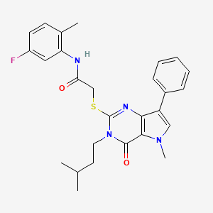molecular formula C27H29FN4O2S B2901517 N-(5-fluoro-2-methylphenyl)-2-{[5-methyl-3-(3-methylbutyl)-4-oxo-7-phenyl-4,5-dihydro-3H-pyrrolo[3,2-d]pyrimidin-2-yl]thio}acetamide CAS No. 1115458-39-3