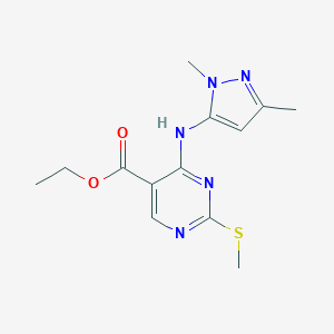 ethyl 4-[(1,3-dimethyl-1H-pyrazol-5-yl)amino]-2-(methylsulfanyl)-5-pyrimidinecarboxylate