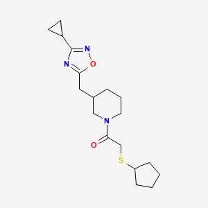 molecular formula C18H27N3O2S B2901569 2-(Cyclopentylthio)-1-(3-((3-cyclopropyl-1,2,4-oxadiazol-5-yl)methyl)piperidin-1-yl)ethanone CAS No. 1706304-60-0