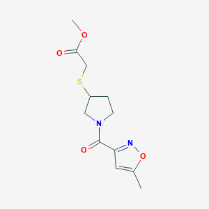molecular formula C12H16N2O4S B2901630 Methyl 2-((1-(5-methylisoxazole-3-carbonyl)pyrrolidin-3-yl)thio)acetate CAS No. 2034406-99-8
