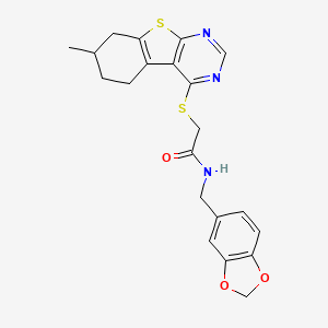 molecular formula C21H21N3O3S2 B2901689 N-[(2H-1,3-benzodioxol-5-yl)methyl]-2-({11-methyl-8-thia-4,6-diazatricyclo[7.4.0.0^{2,7}]trideca-1(9),2(7),3,5-tetraen-3-yl}sulfanyl)acetamide CAS No. 552275-14-6
