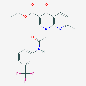 molecular formula C21H18F3N3O4 B2901709 Ethyl 7-methyl-4-oxo-1-(2-oxo-2-((3-(trifluoromethyl)phenyl)amino)ethyl)-1,4-dihydro-1,8-naphthyridine-3-carboxylate CAS No. 932517-11-8