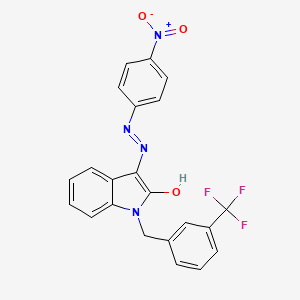 molecular formula C22H15F3N4O3 B2901780 1-[3-(trifluoromethyl)benzyl]-1H-indole-2,3-dione 3-[N-(4-nitrophenyl)hydrazone] CAS No. 303984-87-4
