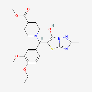 molecular formula C22H28N4O5S B2901792 Methyl 1-((4-ethoxy-3-methoxyphenyl)(6-hydroxy-2-methylthiazolo[3,2-b][1,2,4]triazol-5-yl)methyl)piperidine-4-carboxylate CAS No. 869343-16-8