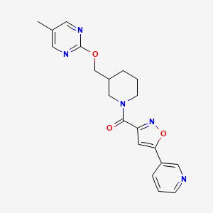 molecular formula C20H21N5O3 B2901819 [3-[(5-Methylpyrimidin-2-yl)oxymethyl]piperidin-1-yl]-(5-pyridin-3-yl-1,2-oxazol-3-yl)methanone CAS No. 2379976-36-8