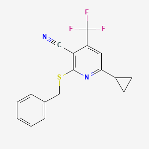 molecular formula C17H13F3N2S B2901867 2-Benzylsulfanyl-6-cyclopropyl-4-(trifluoromethyl)pyridine-3-carbonitrile CAS No. 625377-23-3