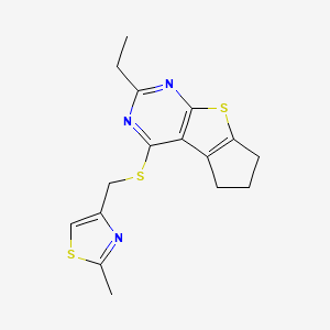 molecular formula C16H17N3S3 B2902002 10-Ethyl-12-{[(2-methyl-1,3-thiazol-4-yl)methyl]sulfanyl}-7-thia-9,11-diazatricyclo[6.4.0.0^{2,6}]dodeca-1(8),2(6),9,11-tetraene CAS No. 690643-70-0