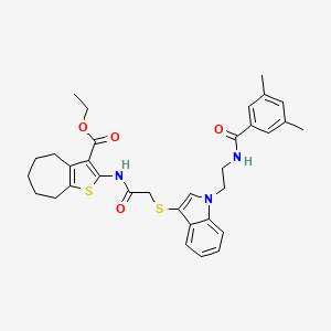 ethyl 2-(2-((1-(2-(3,5-dimethylbenzamido)ethyl)-1H-indol-3-yl)thio)acetamido)-5,6,7,8-tetrahydro-4H-cyclohepta[b]thiophene-3-carboxylate