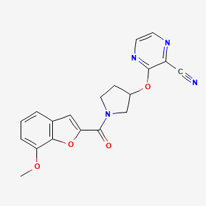 molecular formula C19H16N4O4 B2902089 3-((1-(7-Methoxybenzofuran-2-carbonyl)pyrrolidin-3-yl)oxy)pyrazine-2-carbonitrile CAS No. 2034322-27-3