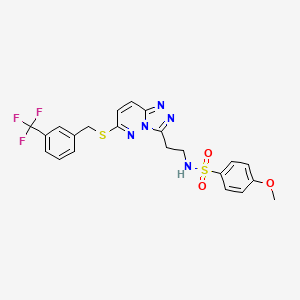 molecular formula C22H20F3N5O3S2 B2902103 4-methoxy-N-(2-(6-((3-(trifluoromethyl)benzyl)thio)-[1,2,4]triazolo[4,3-b]pyridazin-3-yl)ethyl)benzenesulfonamide CAS No. 873002-17-6