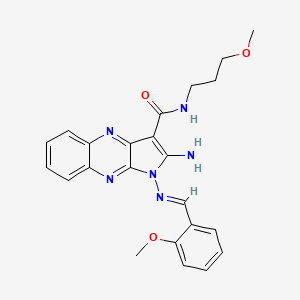 molecular formula C23H24N6O3 B2902104 (E)-2-amino-1-((2-methoxybenzylidene)amino)-N-(3-methoxypropyl)-1H-pyrrolo[2,3-b]quinoxaline-3-carboxamide CAS No. 840457-22-9