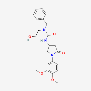 molecular formula C22H27N3O5 B2902145 1-Benzyl-3-[1-(3,4-dimethoxyphenyl)-5-oxopyrrolidin-3-yl]-1-(2-hydroxyethyl)urea CAS No. 877641-22-0
