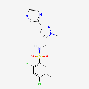 molecular formula C16H15Cl2N5O2S B2902156 2,4-dichloro-5-methyl-N-((1-methyl-3-(pyrazin-2-yl)-1H-pyrazol-5-yl)methyl)benzenesulfonamide CAS No. 2034374-31-5