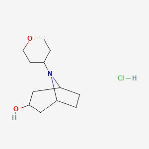 molecular formula C12H22ClNO2 B2902175 8-(tetrahydro-2H-pyran-4-yl)-8-azabicyclo[3.2.1]octan-3-ol hydrochloride CAS No. 2034587-05-6
