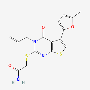 molecular formula C16H15N3O3S2 B2902188 2-[5-(5-Methylfuran-2-yl)-4-oxo-3-prop-2-enylthieno[2,3-d]pyrimidin-2-yl]sulfanylacetamide CAS No. 670273-68-4