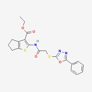molecular formula C20H19N3O4S2 B2902229 ethyl 2-{2-[(5-phenyl-1,3,4-oxadiazol-2-yl)sulfanyl]acetamido}-4H,5H,6H-cyclopenta[b]thiophene-3-carboxylate CAS No. 538338-12-4