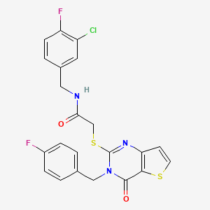 molecular formula C22H16ClF2N3O2S2 B2902297 N-[(3-chloro-4-fluorophenyl)methyl]-2-({3-[(4-fluorophenyl)methyl]-4-oxo-3H,4H-thieno[3,2-d]pyrimidin-2-yl}sulfanyl)acetamide CAS No. 1252861-45-2