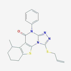 molecular formula C21H20N4OS2 B290232 1-(allylsulfanyl)-6-methyl-4-phenyl-6,7,8,9-tetrahydro[1]benzothieno[3,2-e][1,2,4]triazolo[4,3-a]pyrimidin-5(4H)-one 