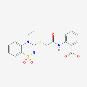 molecular formula C20H21N3O5S2 B2902353 methyl 2-(2-((1,1-dioxido-4-propyl-4H-benzo[e][1,2,4]thiadiazin-3-yl)thio)acetamido)benzoate CAS No. 899978-20-2