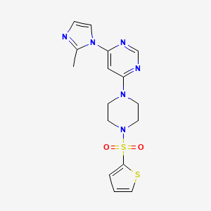 molecular formula C16H18N6O2S2 B2902416 4-(2-methyl-1H-imidazol-1-yl)-6-(4-(thiophen-2-ylsulfonyl)piperazin-1-yl)pyrimidine CAS No. 1169986-60-0