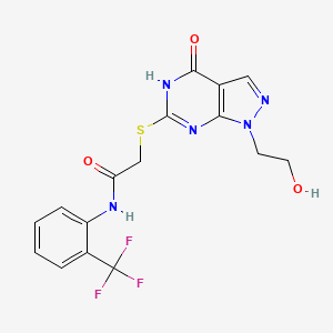 molecular formula C16H14F3N5O3S B2902524 2-((1-(2-hydroxyethyl)-4-oxo-4,5-dihydro-1H-pyrazolo[3,4-d]pyrimidin-6-yl)thio)-N-(2-(trifluoromethyl)phenyl)acetamide CAS No. 946379-48-2