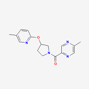 molecular formula C16H18N4O2 B2902563 (5-Methylpyrazin-2-yl)(3-((5-methylpyridin-2-yl)oxy)pyrrolidin-1-yl)methanone CAS No. 1903418-31-4