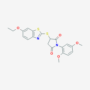 molecular formula C21H20N2O5S2 B290257 1-(2,5-Dimethoxyphenyl)-3-[(6-ethoxy-1,3-benzothiazol-2-yl)sulfanyl]pyrrolidine-2,5-dione 