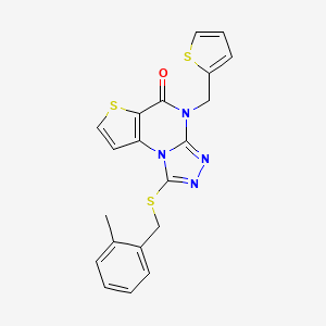 molecular formula C20H16N4OS3 B2902621 1-((2-methylbenzyl)thio)-4-(thiophen-2-ylmethyl)thieno[2,3-e][1,2,4]triazolo[4,3-a]pyrimidin-5(4H)-one CAS No. 1223804-30-5