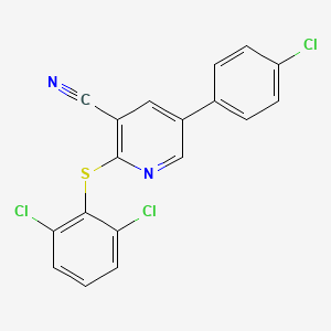 molecular formula C18H9Cl3N2S B2902642 5-(4-Chlorophenyl)-2-[(2,6-dichlorophenyl)sulfanyl]nicotinonitrile CAS No. 338955-21-8