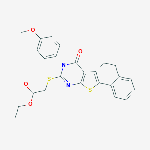 molecular formula C25H22N2O4S2 B290283 Ethyl {[8-(4-methoxyphenyl)-7-oxo-5,6,7,8-tetrahydronaphtho[2',1':4,5]thieno[2,3-d]pyrimidin-9-yl]sulfanyl}acetate 