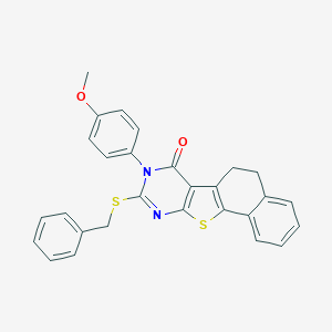 molecular formula C28H22N2O2S2 B290287 9-(benzylsulfanyl)-8-(4-methoxyphenyl)-5,8-dihydronaphtho[2',1':4,5]thieno[2,3-d]pyrimidin-7(6H)-one 