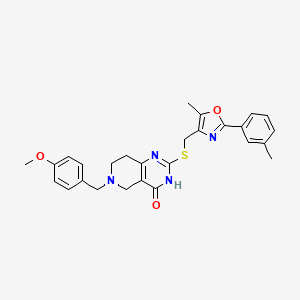 molecular formula C27H28N4O3S B2902914 6-(4-methoxybenzyl)-2-(((5-methyl-2-(m-tolyl)oxazol-4-yl)methyl)thio)-5,6,7,8-tetrahydropyrido[4,3-d]pyrimidin-4(3H)-one CAS No. 1112430-55-3