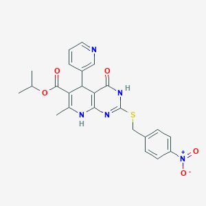 molecular formula C24H23N5O5S B2902937 Isopropyl 7-methyl-2-((4-nitrobenzyl)thio)-4-oxo-5-(pyridin-3-yl)-3,4,5,8-tetrahydropyrido[2,3-d]pyrimidine-6-carboxylate CAS No. 537663-61-9