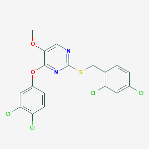 molecular formula C18H12Cl4N2O2S B2902985 2-[(2,4-Dichlorobenzyl)sulfanyl]-4-(3,4-dichlorophenoxy)-5-methoxypyrimidine CAS No. 866017-30-3