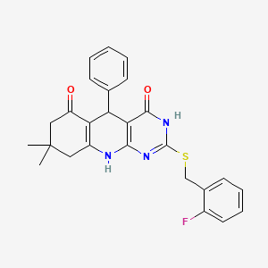 2-((2-fluorobenzyl)thio)-8,8-dimethyl-5-phenyl-7,8,9,10-tetrahydropyrimido[4,5-b]quinoline-4,6(3H,5H)-dione