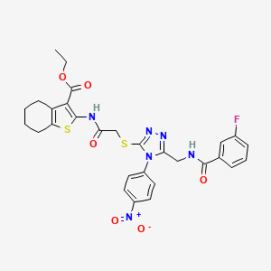 molecular formula C29H27FN6O6S2 B2903014 ethyl 2-(2-((5-((3-fluorobenzamido)methyl)-4-(4-nitrophenyl)-4H-1,2,4-triazol-3-yl)thio)acetamido)-4,5,6,7-tetrahydrobenzo[b]thiophene-3-carboxylate CAS No. 393806-86-5