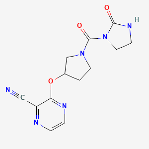 molecular formula C13H14N6O3 B2903050 3-((1-(2-Oxoimidazolidine-1-carbonyl)pyrrolidin-3-yl)oxy)pyrazine-2-carbonitrile CAS No. 2034252-55-4