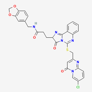 molecular formula C30H23ClN6O5S B2903226 N-[(2H-1,3-benzodioxol-5-yl)methyl]-3-{5-[({7-chloro-4-oxo-4H-pyrido[1,2-a]pyrimidin-2-yl}methyl)sulfanyl]-3-oxo-2H,3H-imidazo[1,2-c]quinazolin-2-yl}propanamide CAS No. 1101800-29-6