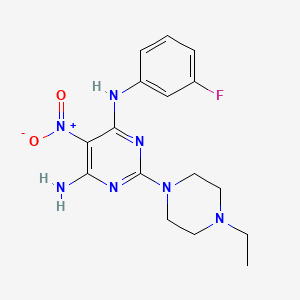molecular formula C16H20FN7O2 B2903232 2-(4-ethylpiperazin-1-yl)-N4-(3-fluorophenyl)-5-nitropyrimidine-4,6-diamine CAS No. 672343-01-0