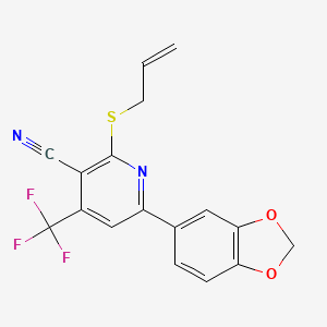 molecular formula C17H11F3N2O2S B2903243 2-(Allylsulfanyl)-6-(1,3-benzodioxol-5-yl)-4-(trifluoromethyl)nicotinonitrile CAS No. 625376-92-3