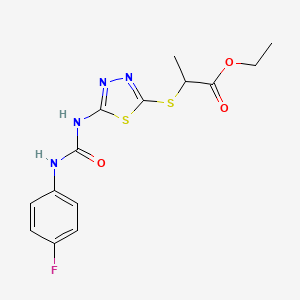molecular formula C14H15FN4O3S2 B2903323 Ethyl 2-((5-(3-(4-fluorophenyl)ureido)-1,3,4-thiadiazol-2-yl)thio)propanoate CAS No. 886937-26-4