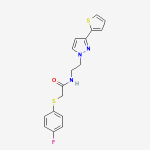 molecular formula C17H16FN3OS2 B2903332 2-((4-fluorophenyl)thio)-N-(2-(3-(thiophen-2-yl)-1H-pyrazol-1-yl)ethyl)acetamide CAS No. 1448076-50-3