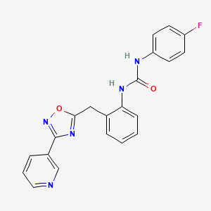 molecular formula C21H16FN5O2 B2903344 1-(4-Fluorophenyl)-3-(2-((3-(pyridin-3-yl)-1,2,4-oxadiazol-5-yl)methyl)phenyl)urea CAS No. 1797303-87-7