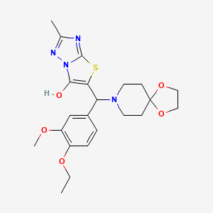 molecular formula C22H28N4O5S B2903393 5-((4-Ethoxy-3-methoxyphenyl)(1,4-dioxa-8-azaspiro[4.5]decan-8-yl)methyl)-2-methylthiazolo[3,2-b][1,2,4]triazol-6-ol CAS No. 869343-31-7