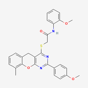 molecular formula C28H25N3O4S B2903407 N-(2-methoxyphenyl)-2-((2-(4-methoxyphenyl)-9-methyl-5H-chromeno[2,3-d]pyrimidin-4-yl)thio)acetamide CAS No. 866873-32-7