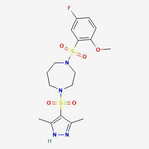 molecular formula C17H23FN4O5S2 B2903451 1-((3,5-dimethyl-1H-pyrazol-4-yl)sulfonyl)-4-((5-fluoro-2-methoxyphenyl)sulfonyl)-1,4-diazepane CAS No. 2034208-79-0