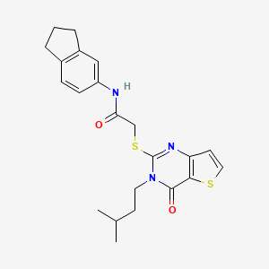 molecular formula C22H25N3O2S2 B2903485 N-(2,3-dihydro-1H-inden-5-yl)-2-{[3-(3-methylbutyl)-4-oxo-3,4-dihydrothieno[3,2-d]pyrimidin-2-yl]sulfanyl}acetamide CAS No. 1260942-91-3