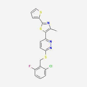 molecular formula C19H13ClFN3S3 B2903531 5-(6-((2-Chloro-6-fluorobenzyl)thio)pyridazin-3-yl)-4-methyl-2-(thiophen-2-yl)thiazole CAS No. 923678-77-7